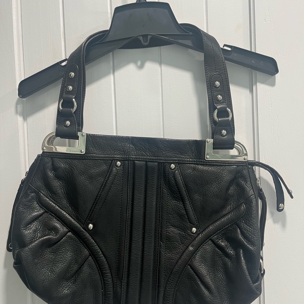 B. Makowsky Black Shoulder Bag with Silver Hardware